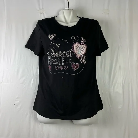 Women's Rhinestone Fitted short sleeve stretch black blouse size large - Picture 4 of 11